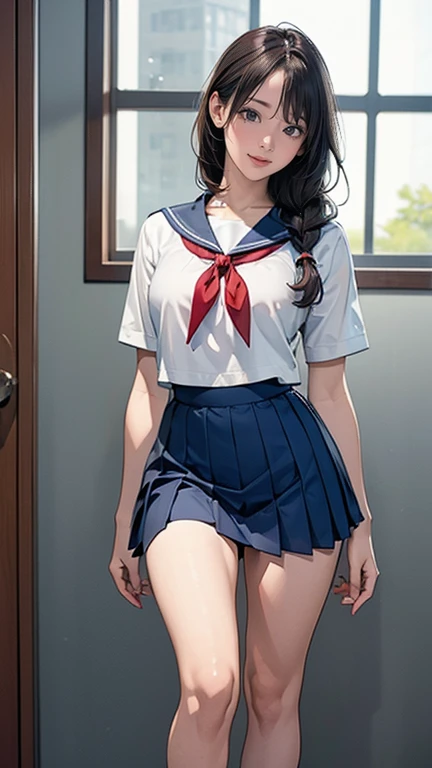 (masterpiece:1.2, Please redeem), (Realistic, photoRealistic:1.4), Beautiful illustrations, (Natural side lighting, Cinema Lighting), Thin thighs, Front View, 1 girl, High school girl, , Perfect Face, Cute symmetrical face, Shiny skin, ランダムなカラーのSailor suit、
(Random Hairstyles、Brunette), Big Eyes, Long eyelashes), thin, expensive、
Beautiful Hair, Beautiful Face, Beautiful beautiful eyes, Beautiful clavicle, Beautiful body, Small breasts, Thin thighs, Thin legs, Beautiful fingers, 
((Luxury Fabric, Sailor suit, Knee-length navy pleated skirt)), 
(Beautiful views),standing, (smile, Excellent, Open your mouth)