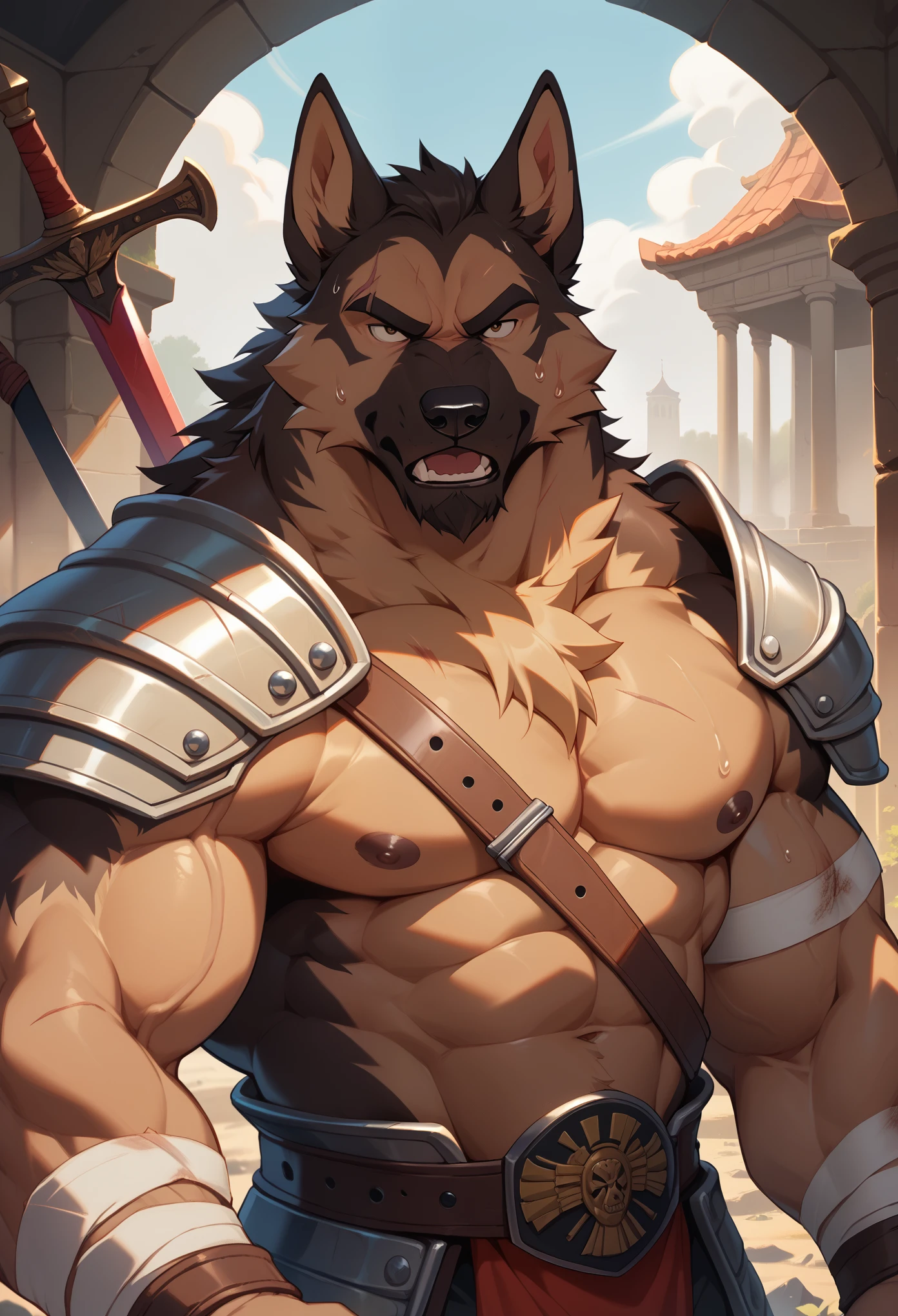 Best quality, masterpiece,ultra high res,detailed background,realistic, real shadow and light,depth of field, looking at the viewer, strong arm and veins, (furry male), (German shepherd furry), ((fluffy)), Warrior armor, greatsword on his back, older, elder, beard, Sexy body, angry face, sweat body, bandage on shoulder and arm, injured, bandage on body, warzone, battlefield, morning, morning breeze, Buffy, old guy, middle aged, half body, close up, buffy, muscle, open mouth, huge scar on his body, ancient rune, Japanese style.