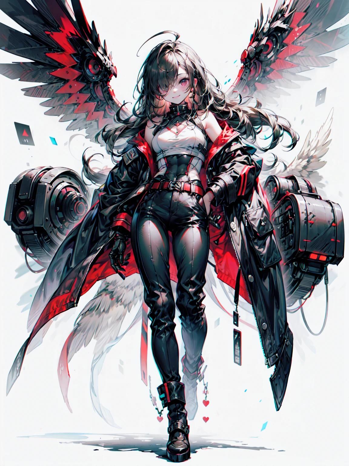 Owl Ears, Wings, Wings, nail, Mechanic, Mechanical body,, ultra detailed, masterpiece, Best Quality, Midea, detailed,, Alone, 得意げなsmile, One girl, Purple eyes, Red frame glasses, (Black Hair, Red chip:1.2), Red striped hair, Long Hair, Side Ponytail, Hair tied up, medium breasts,, Dataset, Jacket on Shoulders, Coat on shoulders, Red dress, Roll up your sleeves , belt, multiple belts, Combat Boots, Bulletproof vest, pants, Black coat, Tactical clothing, Blake、（Dark Elf), (1 person), Alone, 優しいsmile、Perfect Face, Get used to it, Ahoge, ((Long Hair:1.2)), (Hair above one eye:1.3), [[Messy Hair]], Shiny blonde white hair, Purple eyes, Spotted Eyes, Colorful Hair, Shining Eyes, (eyelash, Eyeshadow, pink Eyeshadow), bright, smile, Design Art：Haruhiko Mikimoto, Kawasaki, Akihiko Yoshida, （Dark brown skin）