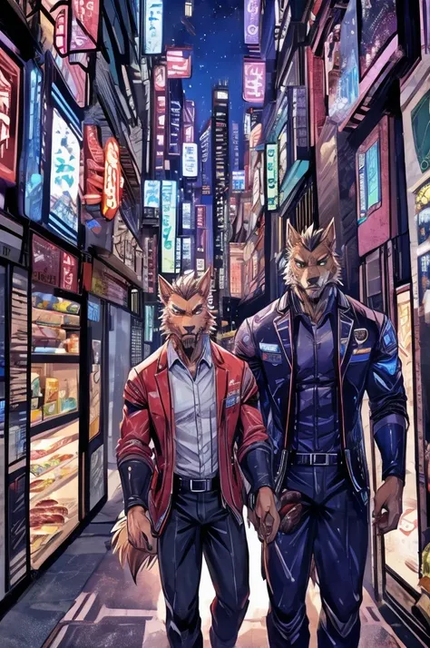 textured sci-fi comics、color comics、japanese manga、handsome werewolf、a werewolf orders meat in a futuristic city、the store clerk...