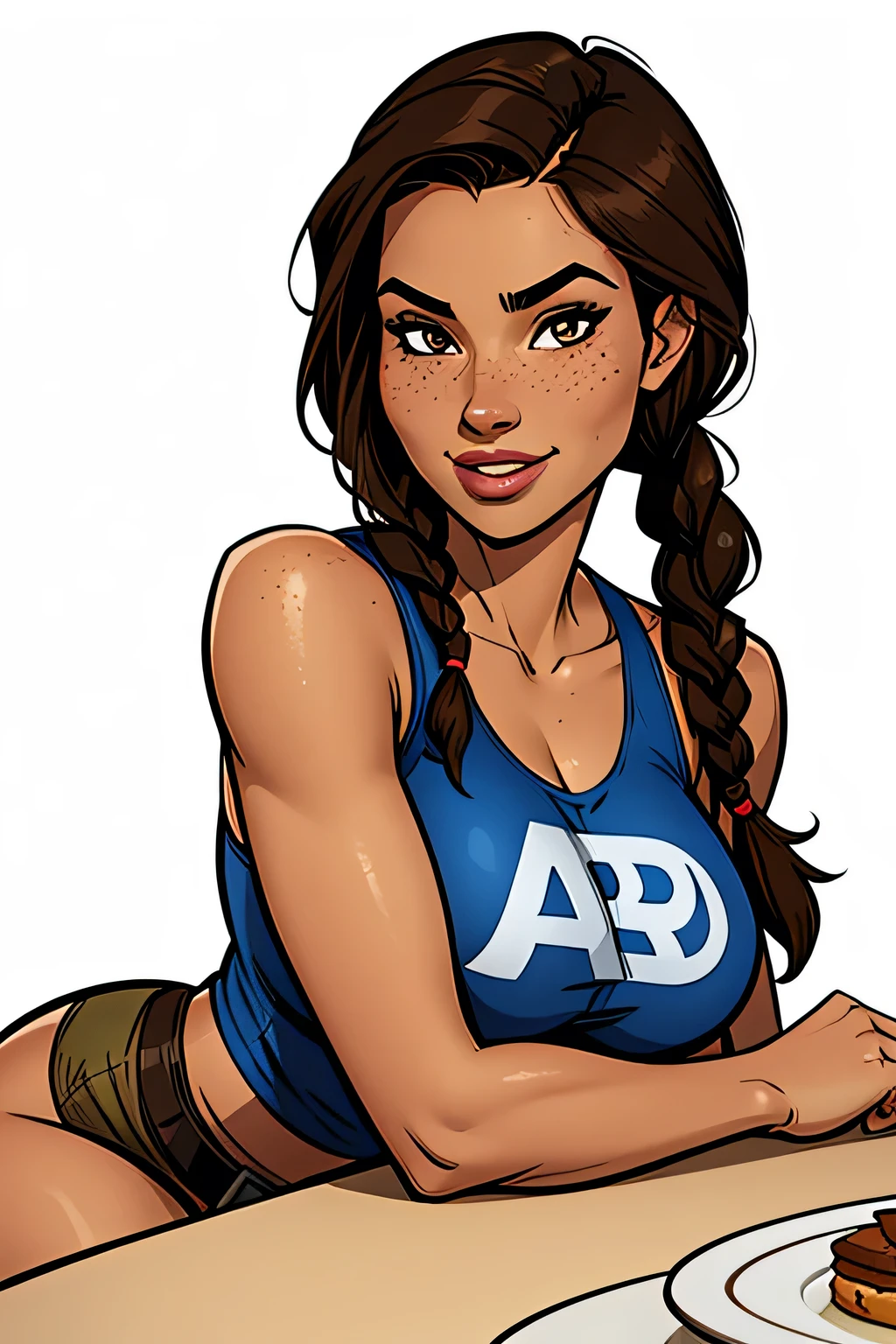Thin woman (Lara Croft), age 25, 4K (High definition), series, seducing gaze, eyes browns, wearing a blue boat neck t-shirt and a long beige skirt with a brown belt and side zipper, arms positioned at the side of the body, brunette skin, long brown hair tangled (pony-tail), upper body, full of curves with freckles on her chest and neck, round breasts. High-quality Marvel style, white background.
