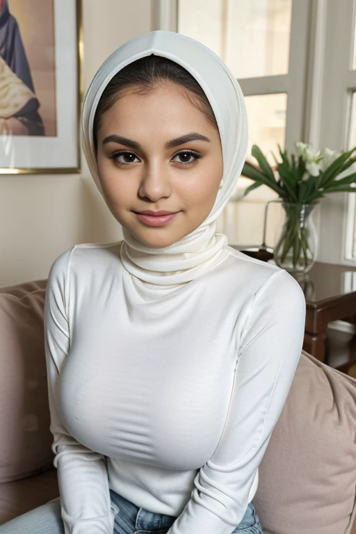 (Female Persian tween), close up, brown skin, (Hijab), (huge lips, fake lips), gorgeous, white long sleeved turtleneck shirt, sitting in a living room, blushing, closed smile, skinny, anorexic, slender, petite, hiding arms behind back, huge heavy breasts, young, youthful, big nose, pants, 
