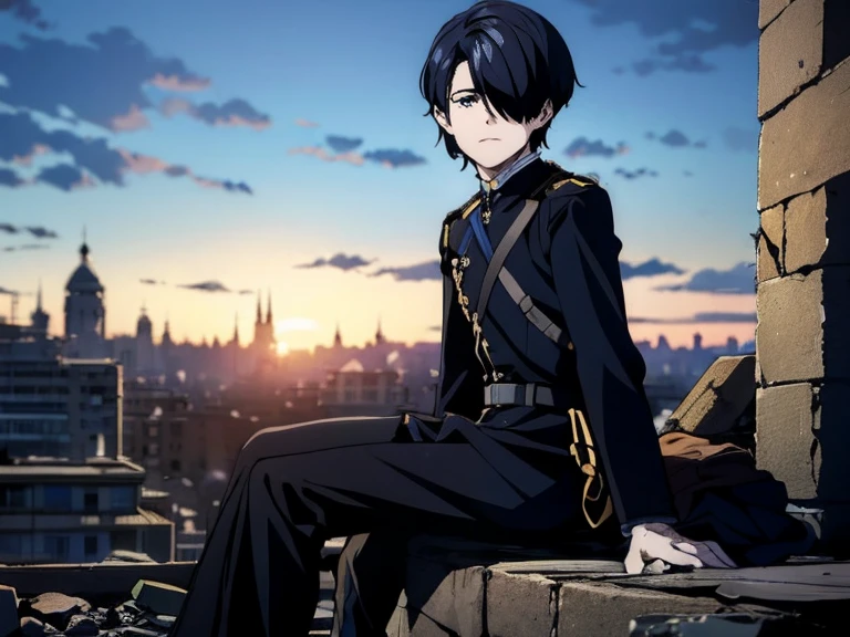 (masterpiece, high quality), 1boy,  Sitting on rubble, Devastated town, lay down sword beside boy, cloudiness, cigarette in right hand, sad face  short hair, hair over one eye, black hair, black eyes, black army uniform, 