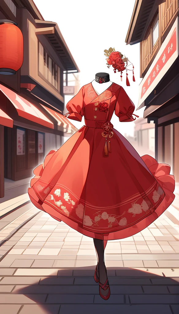 A floating, elegant red traditional dress with floral patterns, suspended in the middle of a vibrant Chinatown street. The dress features a black collar and cuffs, with a flowing skirt, gently spread as if caught in motion. The background shows a typical urban scene with Chinese signage, restaurants, and shops, set in a busy city street.
