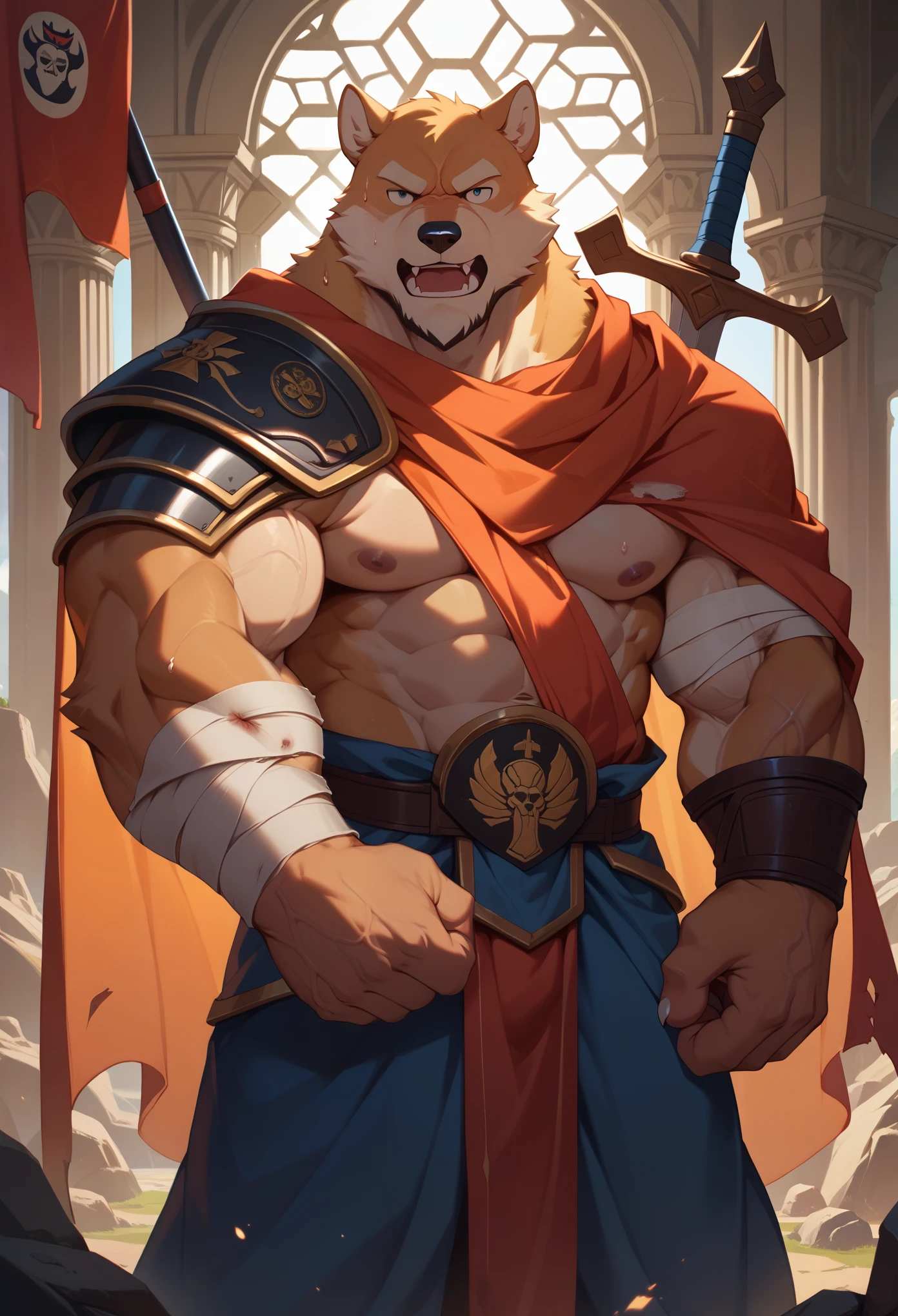 Best quality, masterpiece,ultra high res,detailed background,realistic, real shadow and light,depth of field, looking at the viewer, strong arm and veins, (furry male), (Shiba Dog furry), ((fluffy)), Warrior armor, greatsword on his back, older, elder, beard, Sexy body, angry face, sweat body, bandage on shoulder and arm, injured, bandage on body, warzone, battlefield, morning, morning breeze, Buffy, old guy, middle aged, half body, close up, buffy, muscle, open mouth, huge scar on his body, ancient rune, Japanese style.