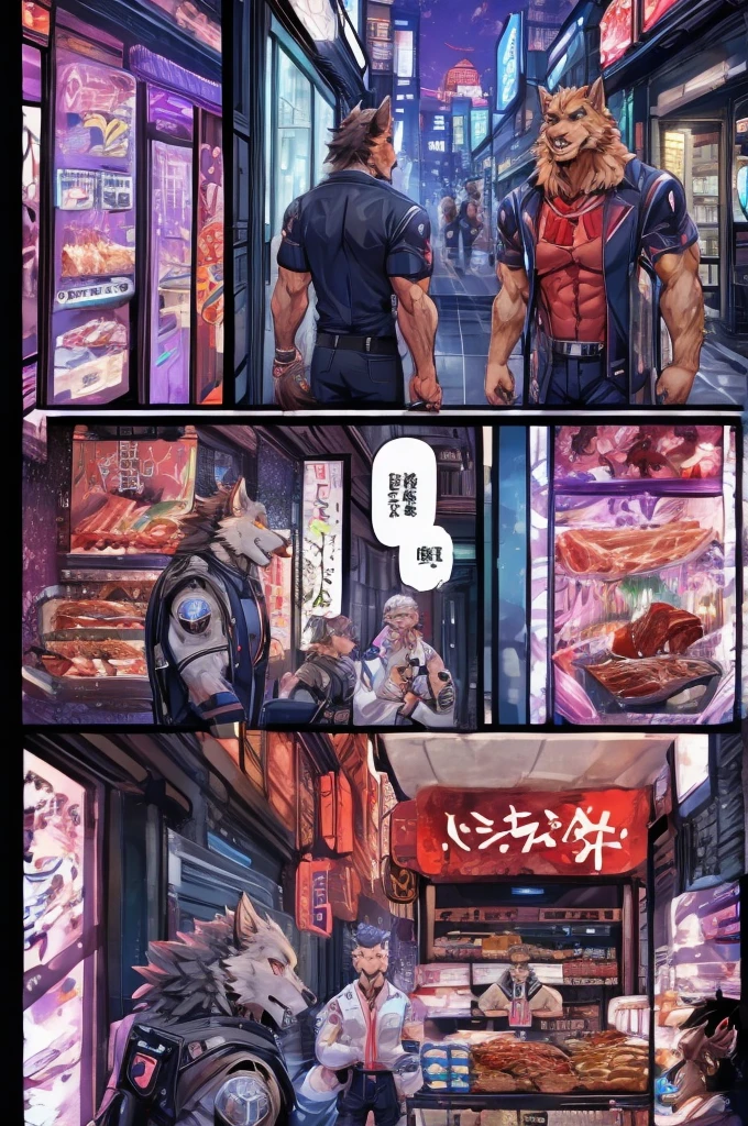 Textured science fiction comics、Color Comics、Japanese Manga、Handsome werewolf、A werewolf orders meat in a futuristic city、The store clerk is also a werewolf....、