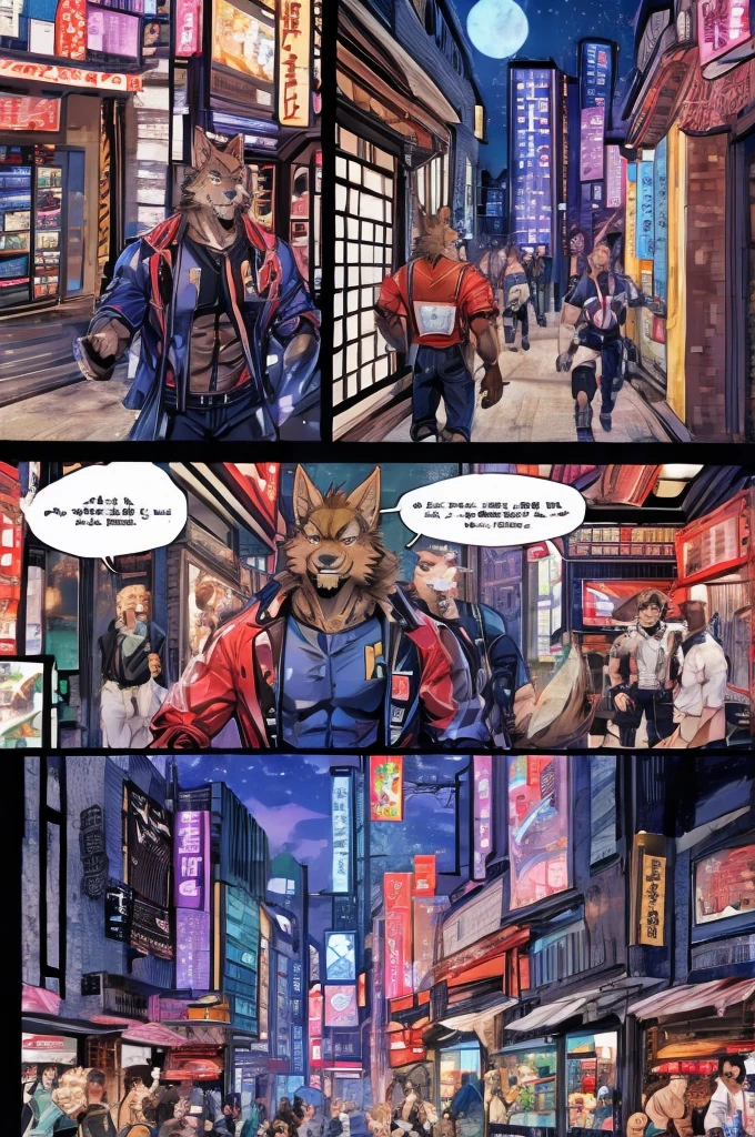 Textured science fiction comics、Color Comics、Japanese Manga、Handsome werewolf、A werewolf orders meat in a futuristic city、The store clerk is also a werewolf....、