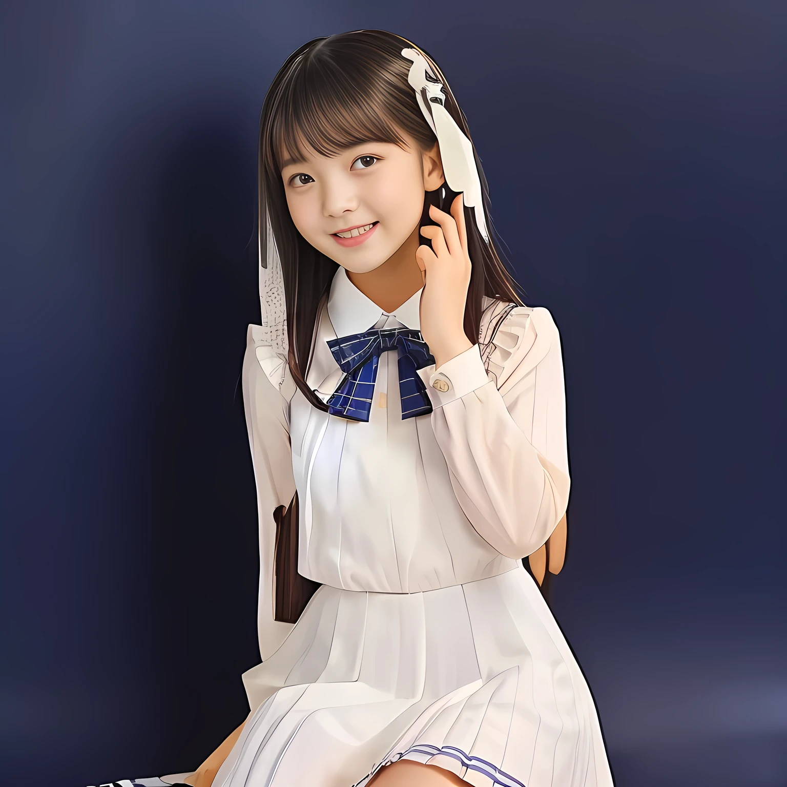 (Highest quality, masterpiece:1.2), Highest quality, High resolution, 1080P, 8k, Realistic, height: 158cm, (Cute twins: 1.7), (Graceful, kind Japanese **** truly-girly-girl is seated on a cream-white gorgeous very soft frilled bed like a wedding dress and smiling directly at me in school uniform, blushed shyly, Hypnotizing me with her cuteness: 1.8), well-grown breast and nice style, (well arranged, balanced, untied, neat glossy wavy wavy super-long hair), (Half-closed, Very sleepy, Double-deep-eyelids, completely balanced, brown large large dreaming Japanese **** eyes, with detailed beautifully: 1.6), (Very-glossy lustrous lips: 1.8), (high nose: 1.2), (Rich and long bottom-eye-slashes: 1.2), (Drives me crazy for her navy-colored neat tartan plaid blue skirts and make me fall into her navy-colored plaid-print pleats skirt: 1.4), (Fine white-face that looks like she has never been out of home: 1.6), (Noble ****ta girly feminine frilled frilled clean frilled white girly long-sleeves blouse: 1.6), (Navy pleated plaid skirt: 1.5), (Plain-white big ribbon on the breast), (The background is a hypnotizing blue bed of evil-succubus background: 1.8), (Girl whom everyone loves because of her beauty and neat school fashion and noble manner and magic-charm of succubus: 1.7), (full body shot from above her head), (jolly face expression), (evenly cut curled glossy rich beautiful bangs: 1.6), (bright light hitting her white-face and skirt clearly beautifully), white-shining skin, (She is touching her lips with her both hands finger: 1.2)