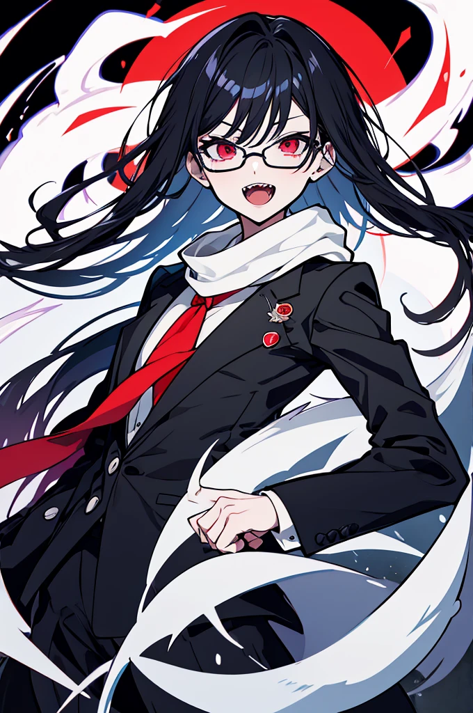 anime 검은 머리 소녀 and red eyes with a white scarf, [[[[Smiling sinisterly]]]], Animation style로, Gapmoe Yandere, 반사실적인 Animation style, Animation style, 일본 Animation style로, anime face, black hair pretty face, Inspired by Rumiko Takahashi,Character with shark teeth, Cool and powerful like a shark, Wearing a black suit, He is wearing black Potter round glasses., Open your mouth, Tied hair