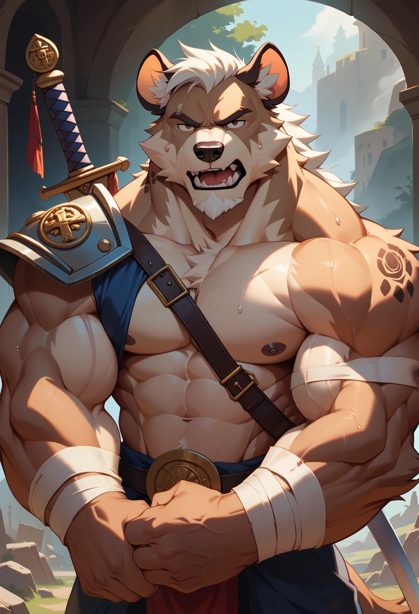 Best quality, masterpiece,ultra high res,detailed background,realistic, real shadow and light,depth of field, looking at the viewer, strong arm and veins, (furry male), (Hyaena furry), ((fluffy)), Warrior armor, greatsword on his back, older, elder, beard, Sexy body, angry face, sweat body, bandage on shoulder and arm, injured, bandage on body, warzone, battlefield, morning, morning breeze, Buffy, old guy, middle aged, half body, close up, buffy, muscle, open mouth, huge scar on his body, ancient rune, aggressive.