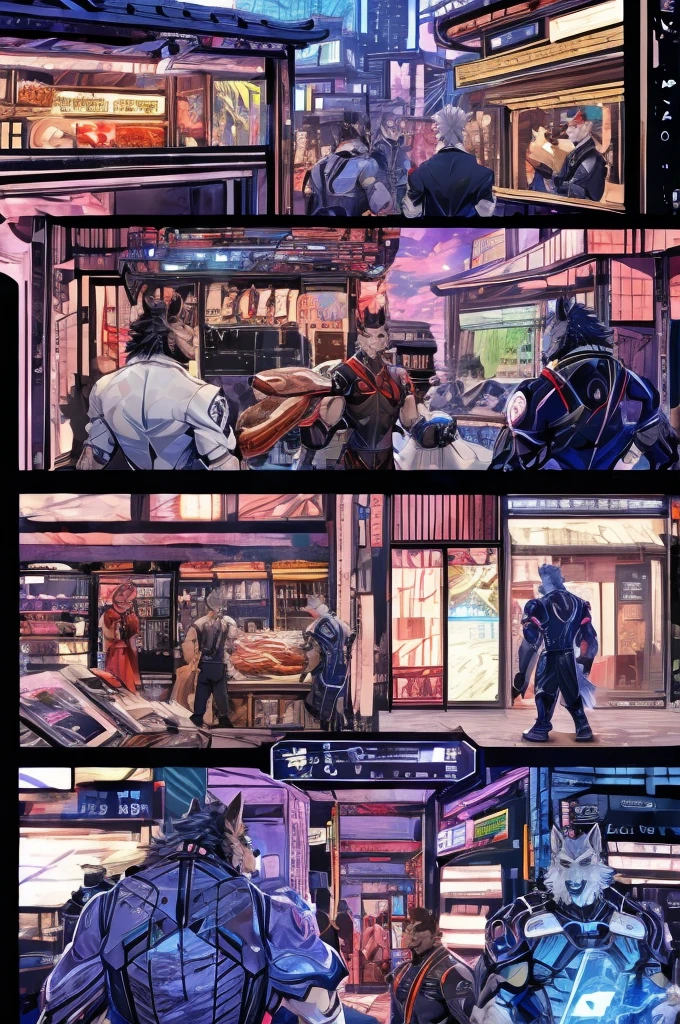 Textured science fiction comics、Color Comics、Japanese Manga、Handsome werewolf、A werewolf orders meat in a futuristic city、The store clerk is also a werewolf......、