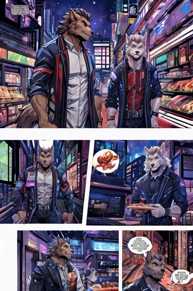 Textured science fiction comics、Color Comics、Japanese Manga、Handsome werewolf、A werewolf orders meat in a futuristic city、The store clerk is also a werewolf......、