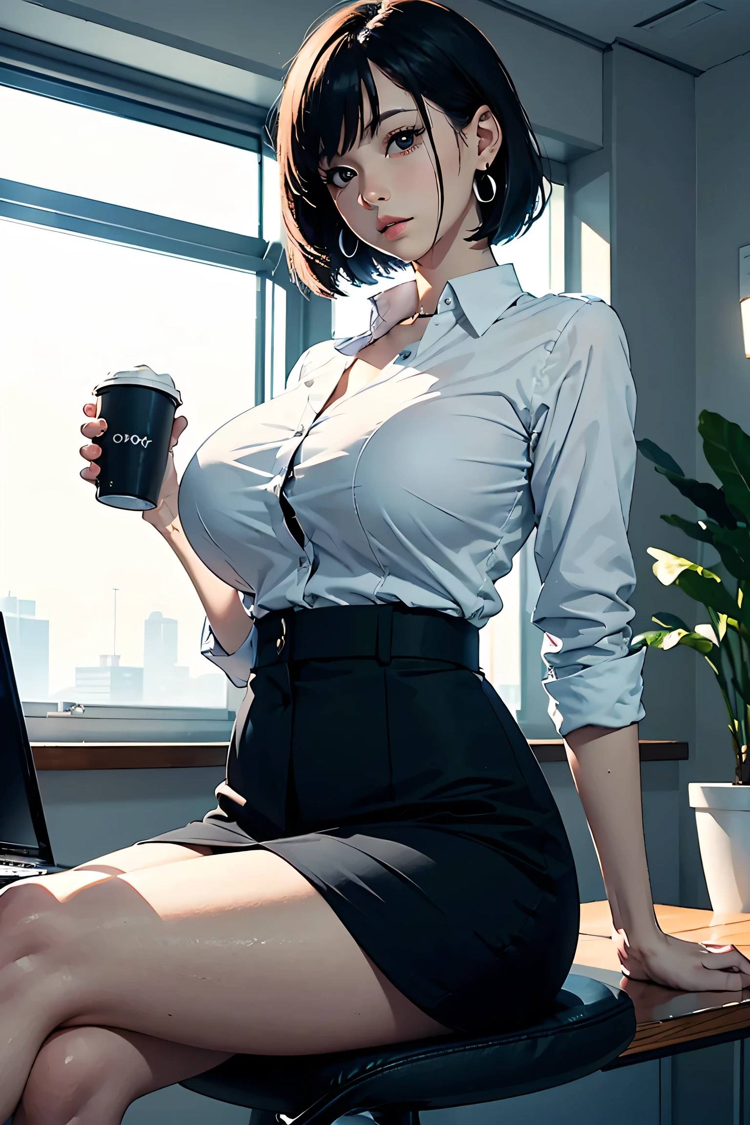 (masterpiece:1.4)、(highest quality:1.4)、ultra high resolution、beautiful features、20 year old woman、black short bob、brown eyes、white long sleeve collared shirt、a little wet、skirt、(huge breasts:1.1)、red face、smile、Cafe、rain outside the window、coffee、sit、looking away
