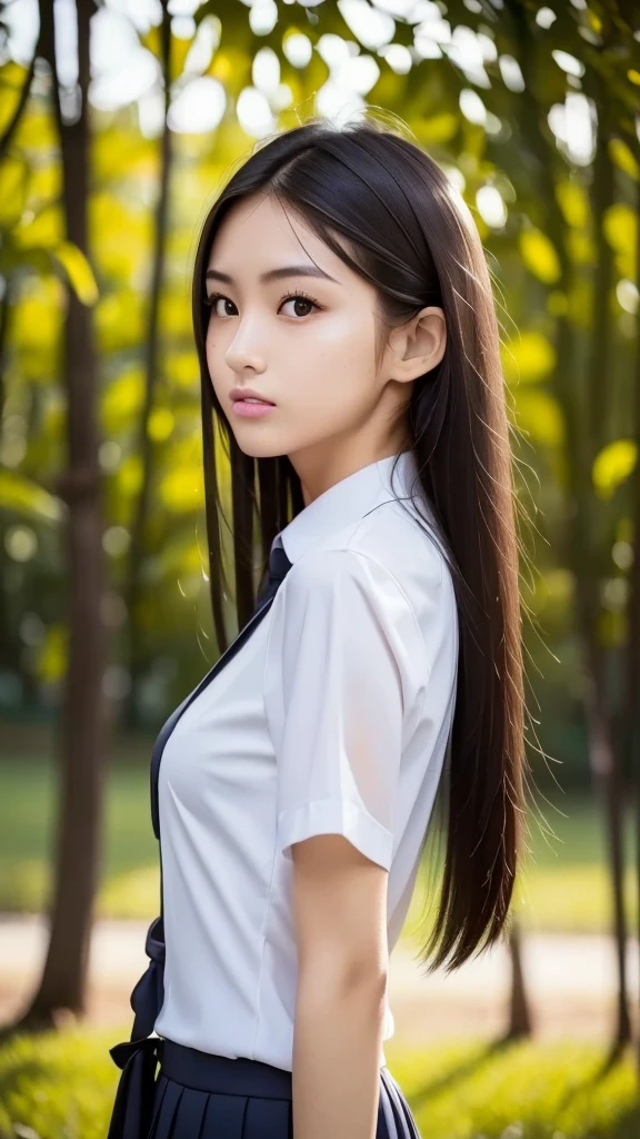 Neat and clean schoolgirl、(Schoolgirl Uniform、Loose and large shirt、shirt wet、The shirt was wet and、、、、、、are see-through、Sheer white shirt、Navy blue ribbon at the collar、School Uniform Blazer、Dark blue pleated micro mini)、Outside the field、(Slimed)、Photorealsitic、detaileds, Skin Texture, ultra-detailliert、Delicate and sexy collarbone、Super Detailed Face、Detailed lips、A detailed eye、二重まぶた、tiny chest、Smaller chest、small tit、Small、flat breast、Chest emphasis、((Very distressed look、Very embarrassed look、Lift the hem of the skirt yourself,、Show the camera your white panties))、Either a low ponytail hairstyle or a side-tail hairstyle or braid, respectively、Black tanned skin