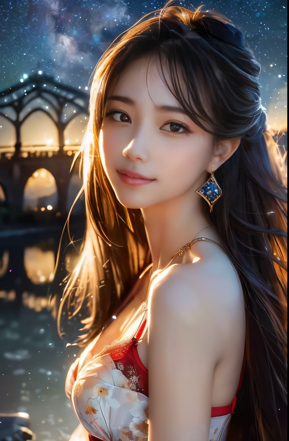 (((best quality))),(((ultra detailed))),(((masterpiece))),illustration,((1 beautiful girl,solo)),(shoulder length straight hair:1.2),((earrings,necklace)),((slim,thin)),((small breasts,flat chest)),(gorgeous sheer red bra:1.3),(standing:1.3),(on the stone arch bridge:1.3),((starry sky,the Milky Way,horizon)),elegance, grace, sophisticated updo, delicate hairpins, twinkling stars, radiant smile, bright eyes, wonder, beauty of the night sky, intricate patterns, flowers, birds, vibrant colors, ethereal, enchanting, old bridge, weathered, sturdy, natural surroundings, serene, peaceful atmosphere, rippling water, stars, graceful silhouette, magic, tranquility, twinkling stars, mesmerizing canopy of light, cool air, crisp, faint scent of blooming flowers, contemplation, admiration, ancient China, timeless, rich culture, traditions, captivating, enchanting atmosphere, myth, legend,((from front,close-up of face))