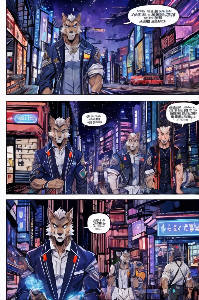 Textured science fiction comics、Color Comics、Japanese Manga、Handsome werewolf、A werewolf orders meat in a futuristic city、The store clerk is also a werewolf.......、