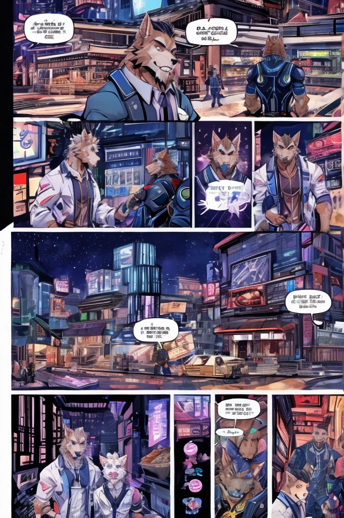 Textured science fiction comics、Color Comics、Japanese Manga、Handsome werewolf、A werewolf orders meat in a futuristic city、The store clerk is also a werewolf.......、