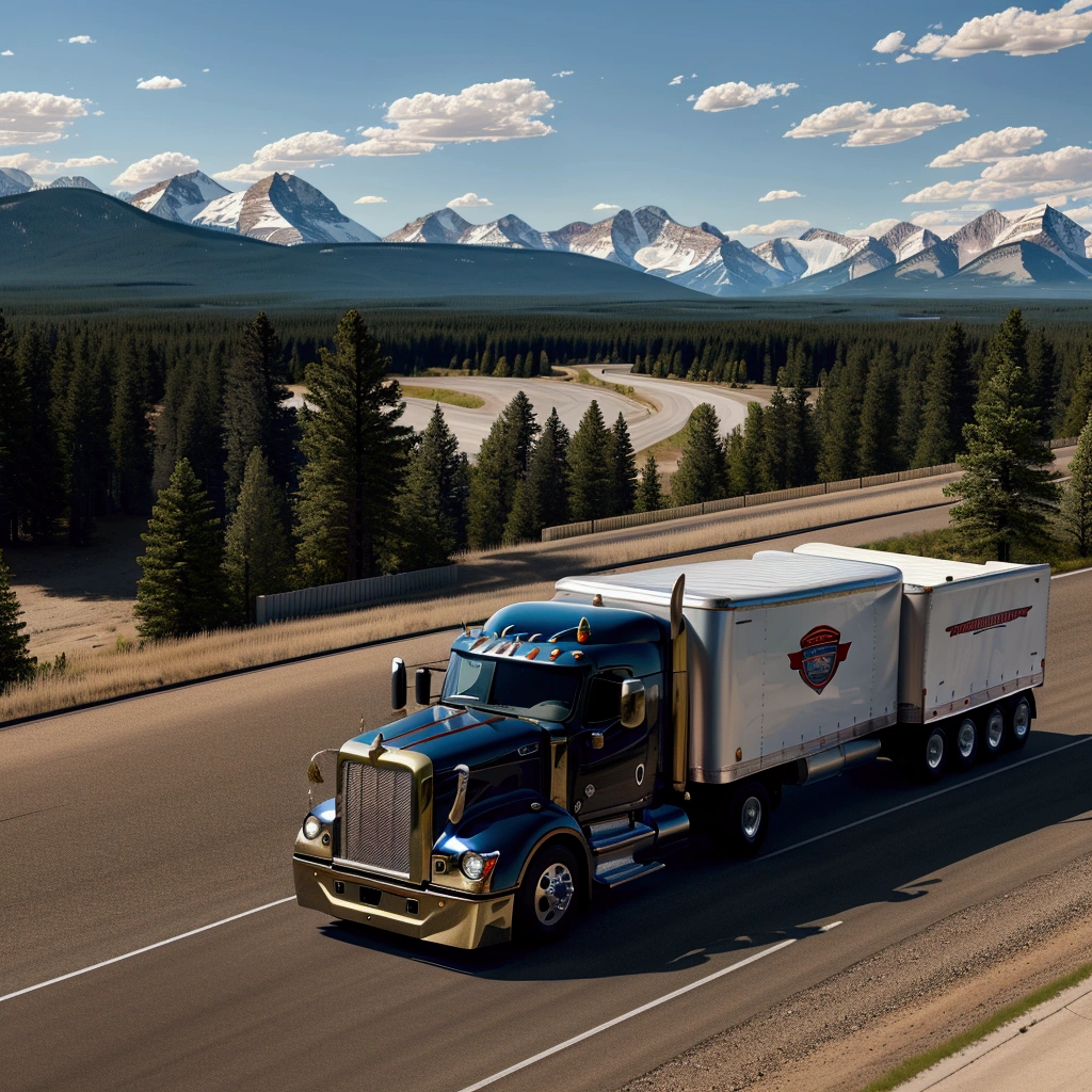 Picture in 3D. Грузовик Peterbilt 378 gold color, The company emblem is clearly visible on the hood, and also the license plate with a long white trailer is clearly displayed. Driving on the asphalt highway. Behind him are rocky mountains and blue sky..