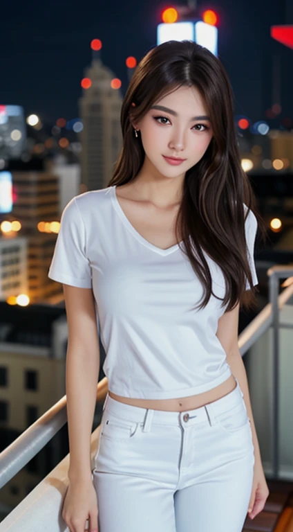 ((late at night、High quality、8k、Masterpiece:1.3)), full bodyesbian, Long legs, Sharp focus:1.2, Beautiful woman with perfect figure:1.4, Slim belly:1.1, ((Dark brown hair、Beautiful round breasts:1.2)), (Tight white t-shirt、Skinny jeans 、Standing:1.2), ((Night view of the city、On the roof:1.3)), Great facial and skin details, Fine eyes, double eyelid