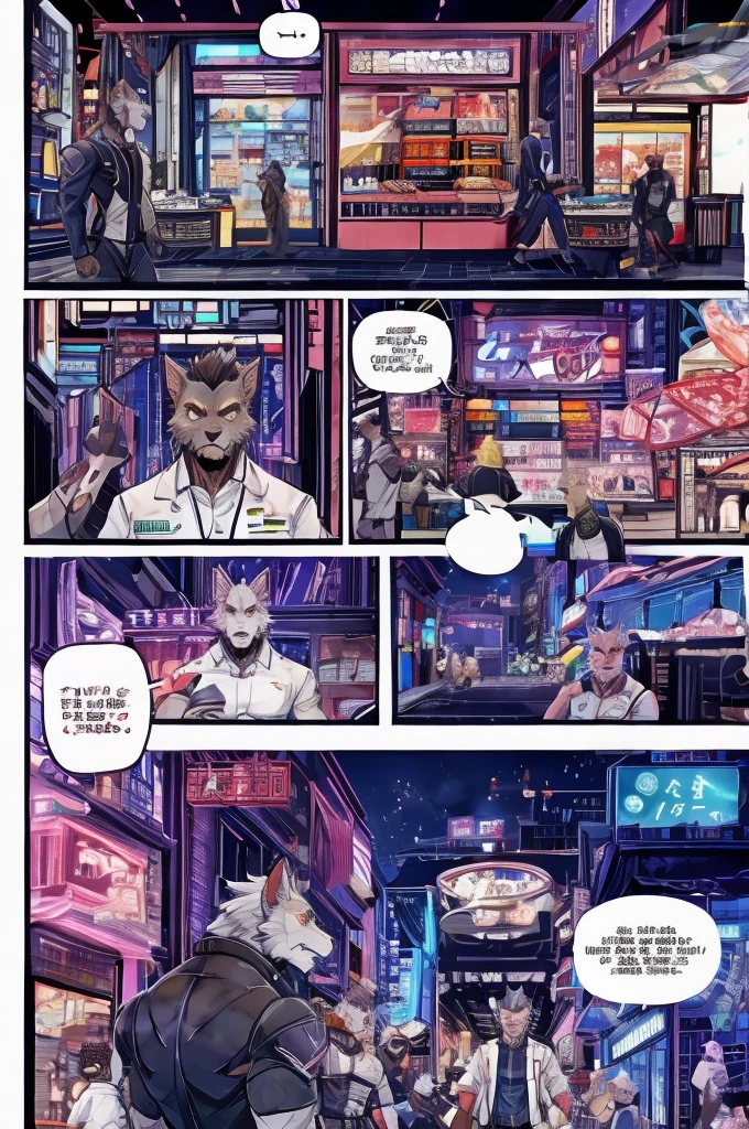 Textured science fiction comics、Color Comics、Japanese Manga、Handsome werewolf、A werewolf orders meat in a futuristic city、The store clerk is also a werewolf........、