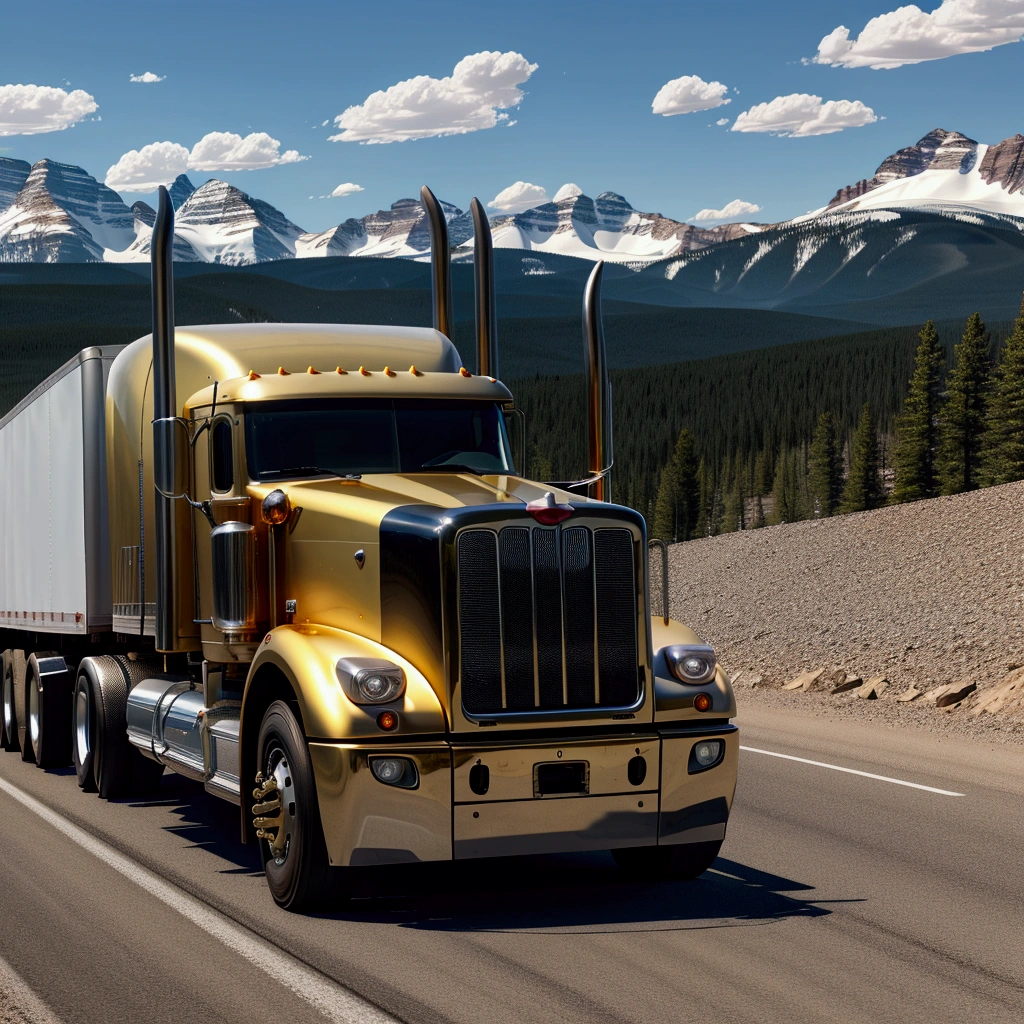 Picture in 3D. Грузовик Peterbilt 378 gold color, The company emblem is clearly visible on the hood, and also the license plate with a long white trailer is clearly displayed. Driving on the asphalt highway. Behind him are rocky mountains and blue sky..