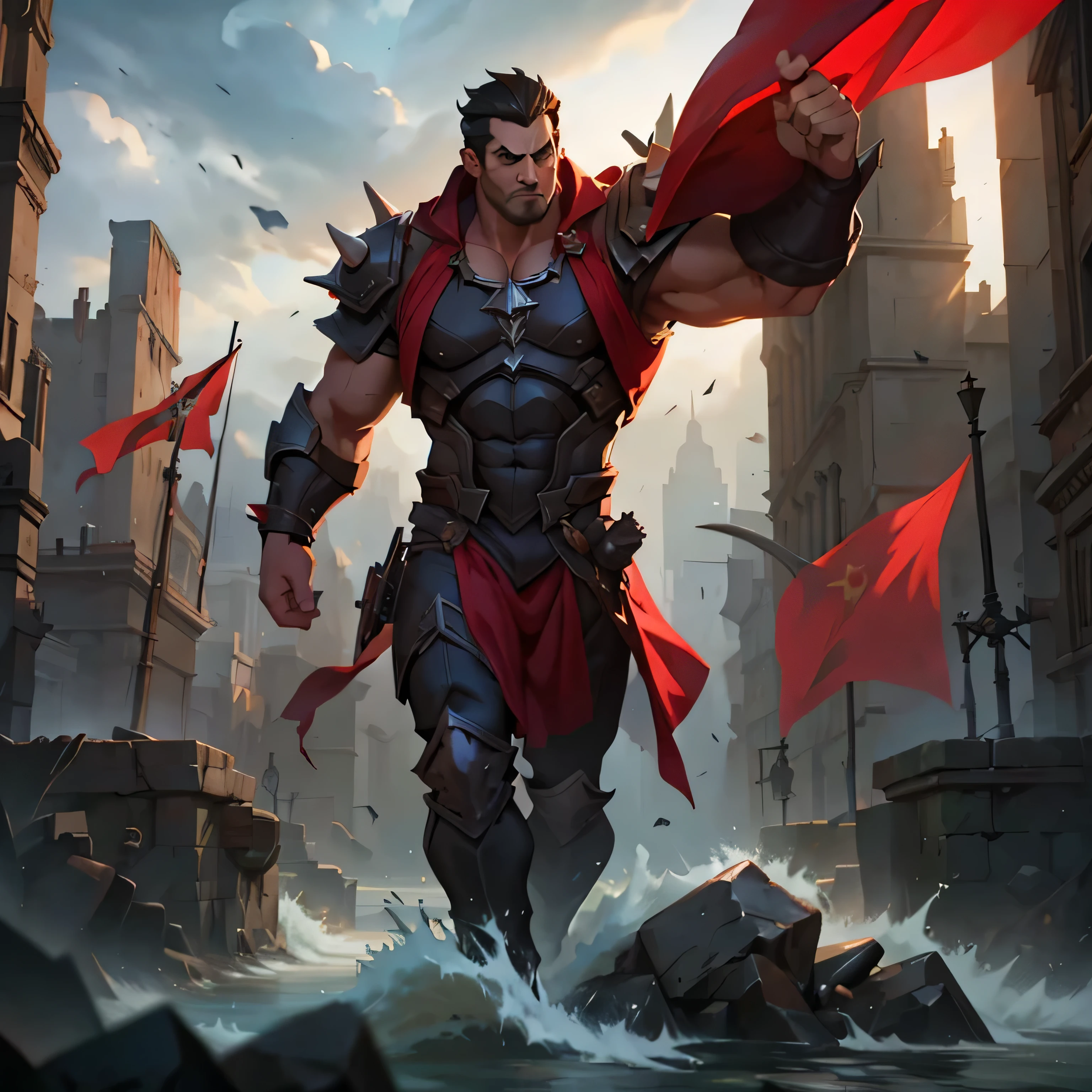 splash art of a big man, dark hair, beautiful male face, perfsplash art of a big man, dark hair, beautiful male face, perfect face, perfect big body, big chest, shoulder pads with spikes, red cape, normal pose of 4k hd image focusing on the face. background, a gray city with red flagsect face, perfect big body, big chest, shoulder pads with spikes, red cape, normal pose of 4k hd image focusing on the face. background, a gray city with red flags