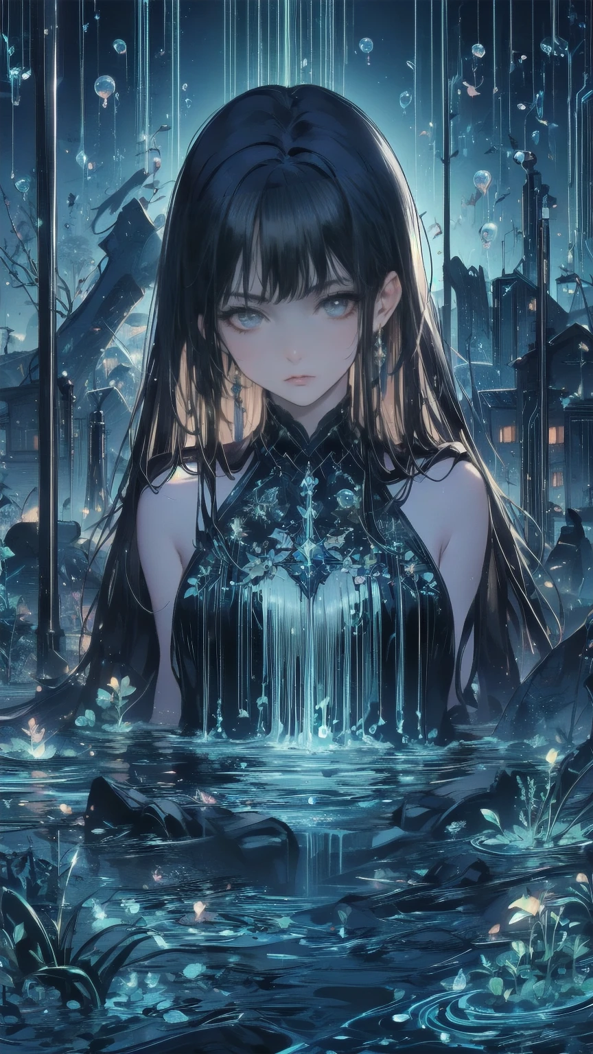 a((amazingly absurd)),超High resolution, attention to detail, high quality, High resolution, 最high quality, 4K, 8k,close,cute,((Ethereal and mysterious image)),Sunken Ruins、Girl in the water、Surrounded by bubbles、Deep blue world、Overall, a work in deep blue tones