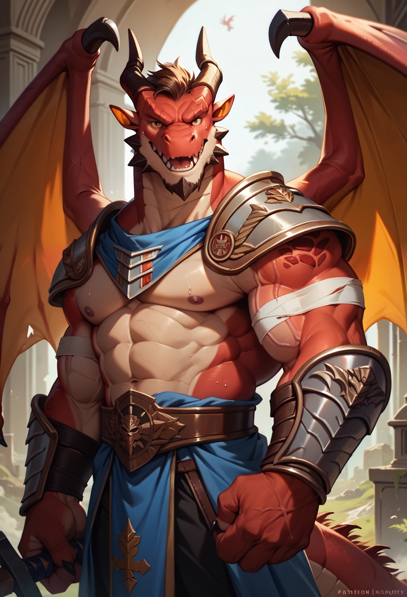 Best quality, masterpiece,ultra high res,detailed background,realistic, real shadow and light,depth of field, looking at the viewer, strong arm and veins, (furry male), (Red Dragon furry), ((Dragon wings)), Warrior armor, greatsword on his back, older, elder, beard, Sexy body, angry face, sweat body, bandage on shoulder and arm, injured, bandage on body, warzone, battlefield, morning, morning breeze, Buffy, old guy, middle aged, half body, close up, buffy, muscle, open mouth, huge scar on his body, ancient rune, aggressive.