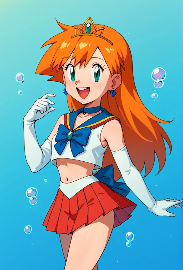  1girl, solo, misty \(pokemon\) orange hair, long hair, hair blue bow, aqua eyes, tiara, earrings, blue choker, blue sailor collar, blue bow, white shirt, elbow gloves, white gloves, pleated skirt, bare legs, happy, cowboy shot, water, bubble, cute, pretty girl, simple background