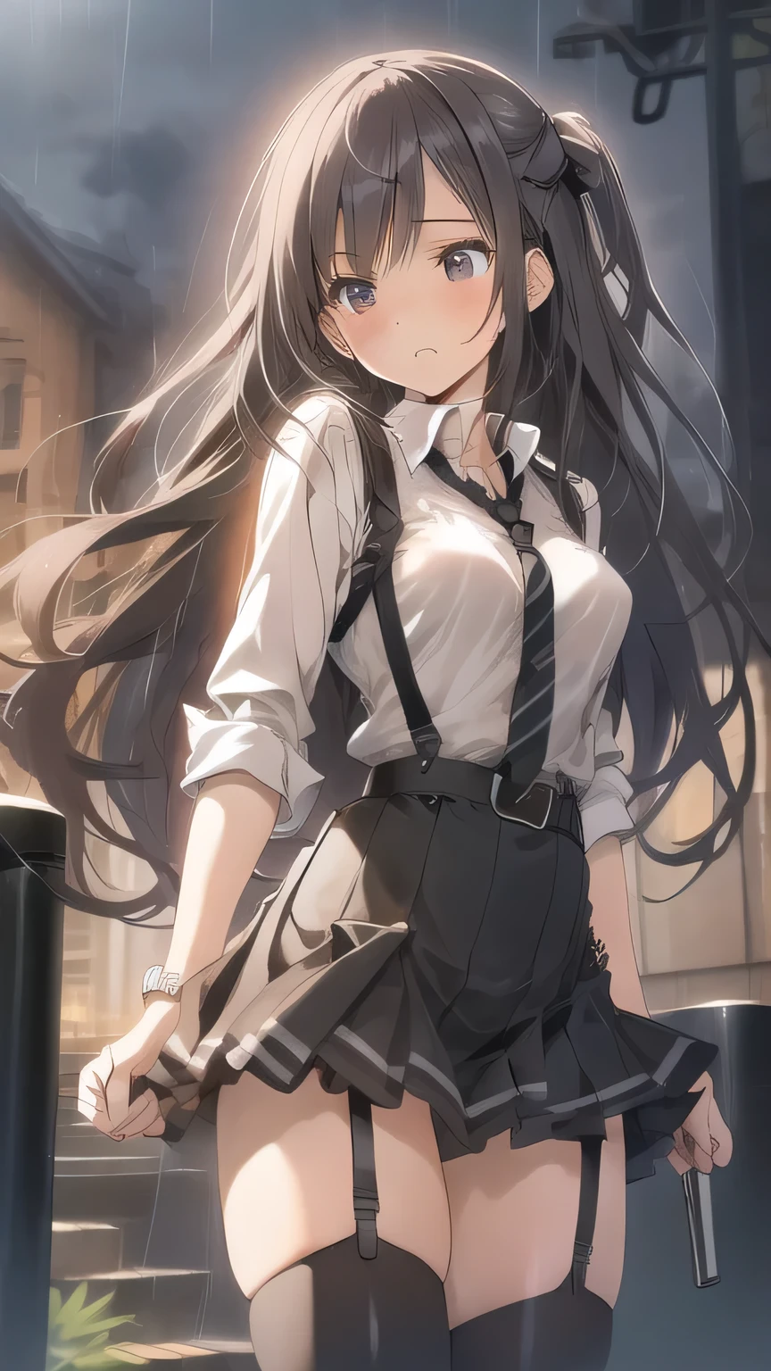 1 female, , high quality, masterpiece, Ultra-high resolution, Cinema Lighting, 1 female, , high quality, masterpiece, Ultra-high resolution, , Cinema Lighting, suspenders Moderate breasts Small face Looking up Sweat Thin belt buzzer 脇Sweat garter belt Belt on pants holster Hands behind your back Looking up Anxious face Knee-high Knee socks Knee-highソックス garter ふとももにgarter belt Checkered mini skirt Panty shot Skirt gap Armament holster holster Hands behind your back Anxious expression Anxious face, legs apart Armament Leg Holster holster See-through clothing heavy rain Rain-soaked dress shirt,Moderate breasts ガーターbelt suspenders Garter on the thigh Checkered mini skirt Looking up Pause belt Armpit sweat Hands behind back Raise your hands