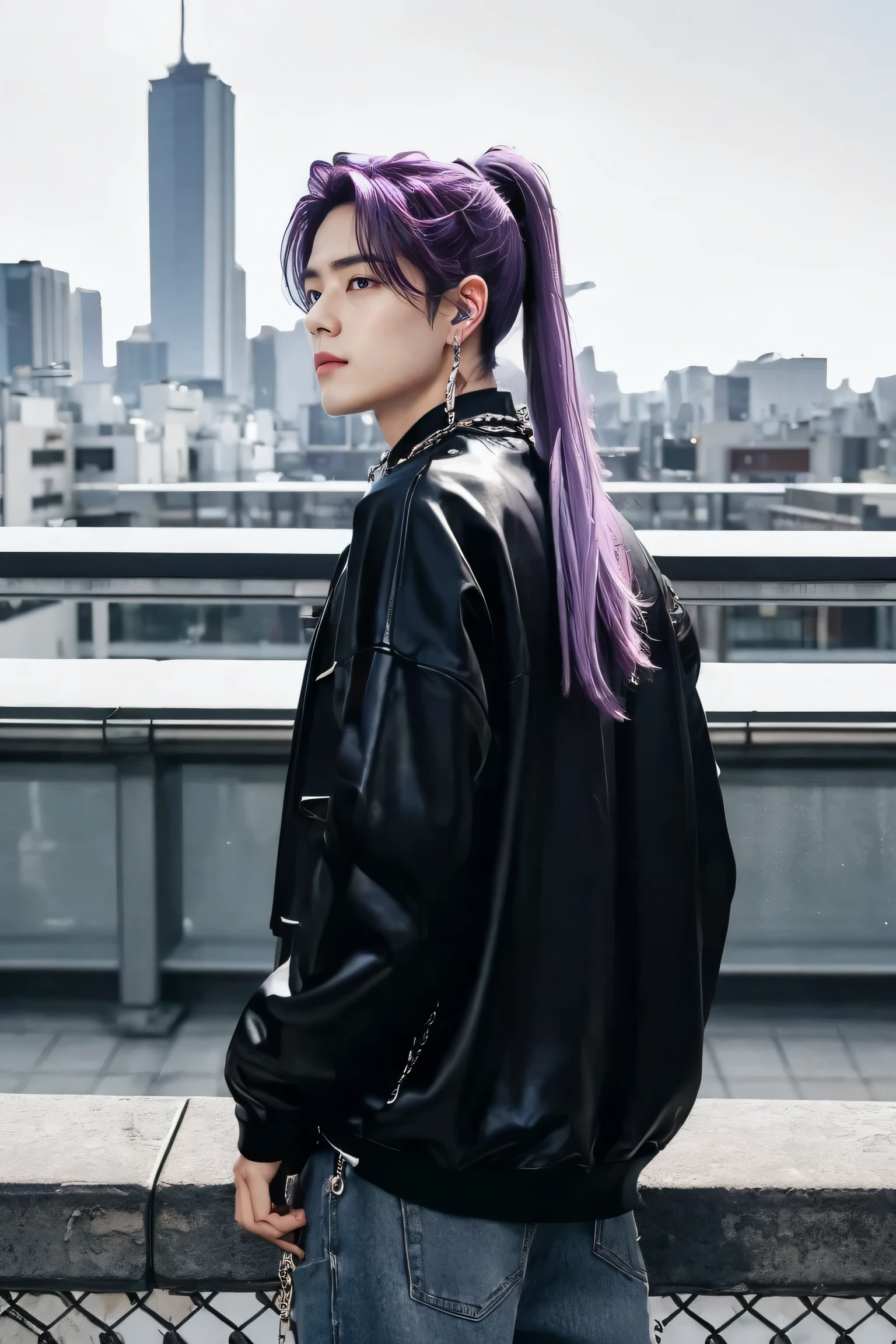 Suho stands out with his bright and bold image... he has long light purple hair.(((Ponytail))),(((long light purple hair))).(((Low Ponytail))).(((Low Ponytail))).(((Stroked back))), Mostly messy, It gives off a slightly casual vibe., But it looks stylish. His grey eyes are always filled with confidence and hidden depth.., As if I was watching more, What did he say???. Suho is dressed for a date, Suho may choose to wear formal attire..,  A thin chain in the shape of a pendant around the neck adds elegance., This look is elegant, But at the same time, there is a gloomy atmosphere., highlight his inner strength. Classic and simple look..., Black ripped jeans with chain. Accessory: Thick chain....., Leather and metal bracelet. ((Relaxed pose)) ((Put your hands in your pockets)) ((Cruel Pose)) ((male appearance)) ((male appearance)) ((Earrings)) (( Eye details)) , ((On the streets of Tokyo, standing on the overpass,at night))