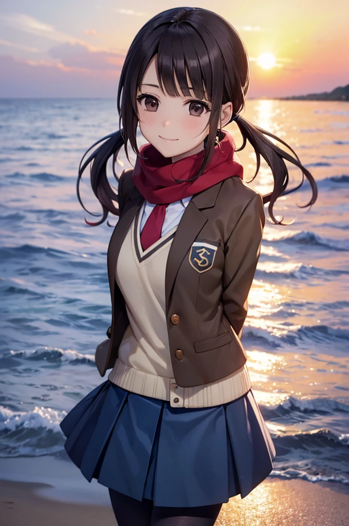 (16k,Ultra-high resolution,Best Quality,masterpiece,Very detailed,Extremely clear CG),okitasawa, low twintails,Anatomically correct body,Very detailed顔の特徴, Beautiful and perfect face,brown jacket, red necktie, yellow sweater vest, blue skirt, pantyhose,Evening coast,Standing on the beach,Realistic sea、sunset,Perfect Eyes,Place your arms behind your back.:1.3,Top view,Looking at the camera,Smiling at the audience,Red scarf