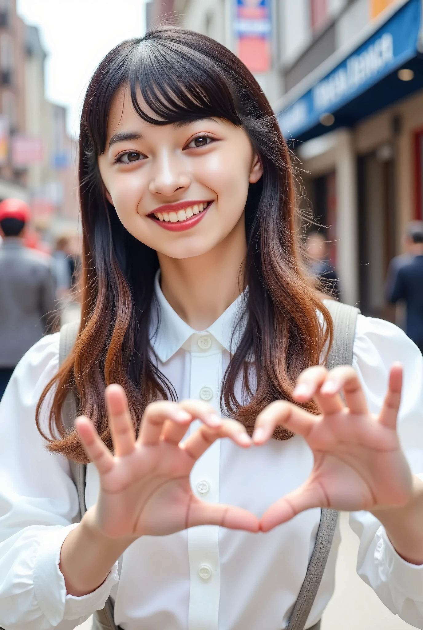 Full body image, portrait photo. JGPR has long brown hair, gradient hair, bangs, brown eyes. She is smiling in the streets, making hearts with her hands.