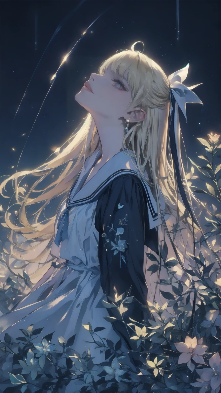 Best Quality,masterpiece,Watercolor style,girl,blonde,blue eyes,White Dress,Red Ribbon Hydrangea,after the rain,rainbow,Looking up at the sky,smile,The light spreads,White Dress,Sailor collar,Long sleeve,Dark blue on the cuff,Line on the cuff,,Shortcuts,