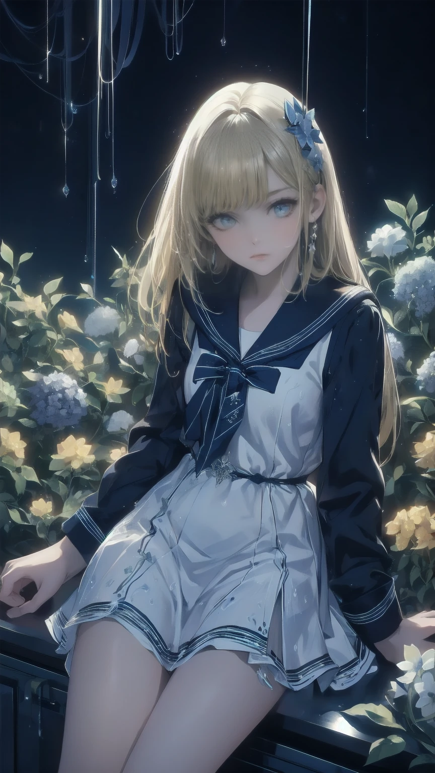 Best Quality,masterpiece,Watercolor style,girl,blonde,blue eyes,White Dress,Red Ribbon Hydrangea,after the rain,rainbow,Looking up at the sky,smile,The light spreads,White Dress,Sailor collar,Long sleeve,Dark blue on the cuff,Line on the cuff,,Shortcuts,