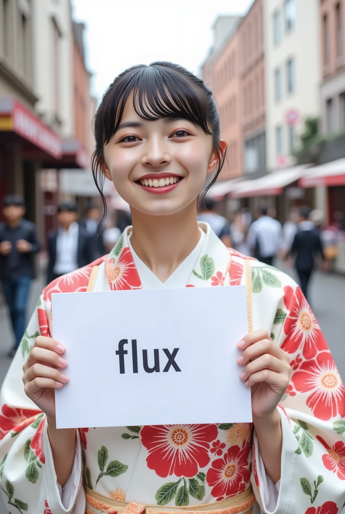 JGPR, 1girl, updo hairstyle, yukata, She smiles on the street and holds a sign that reads "Flux"