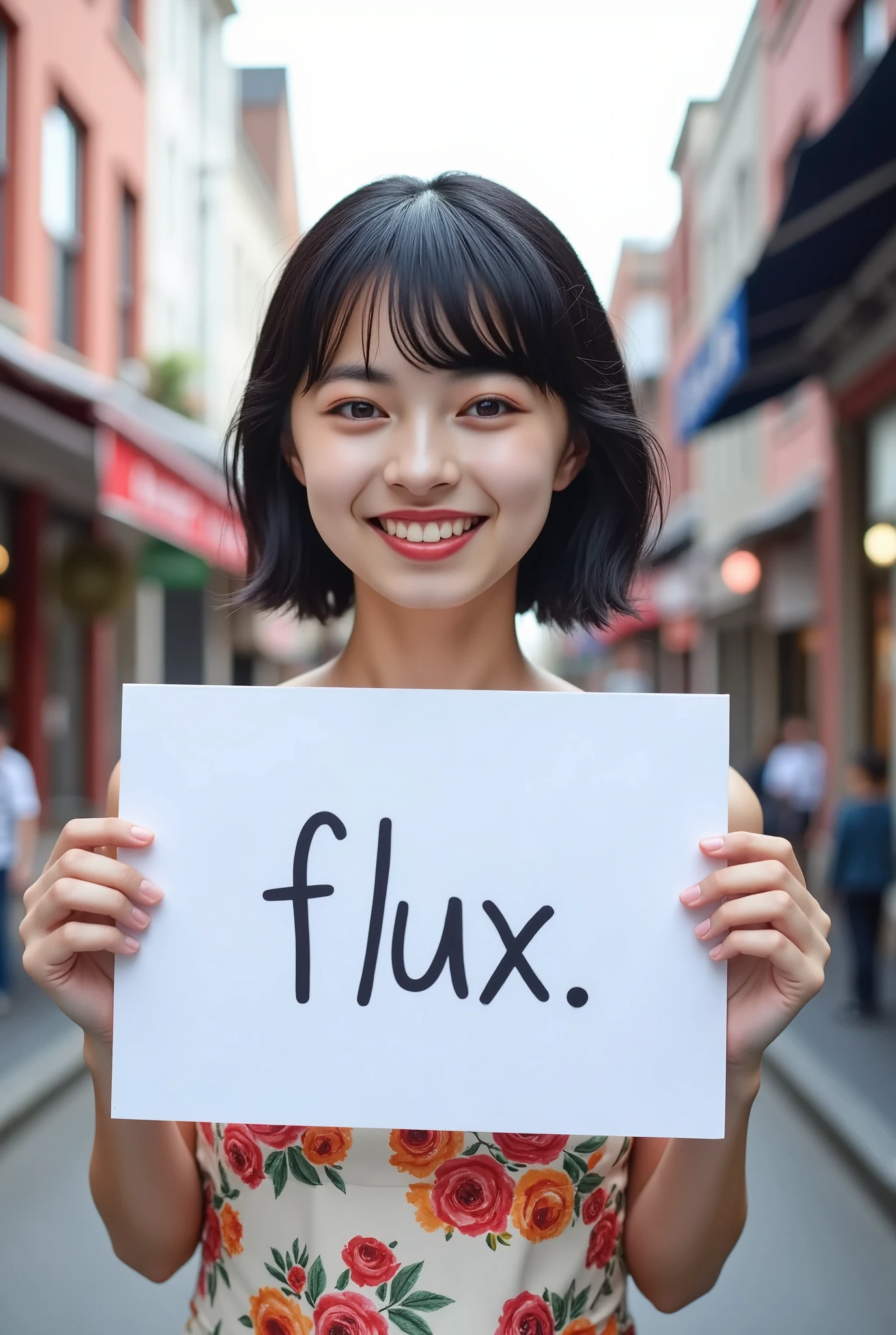  JGPR, 1girl, bobbed hair, black hair, blunt bangs, black eyes, She smiles on the street and holds a sign that reads "Flux"