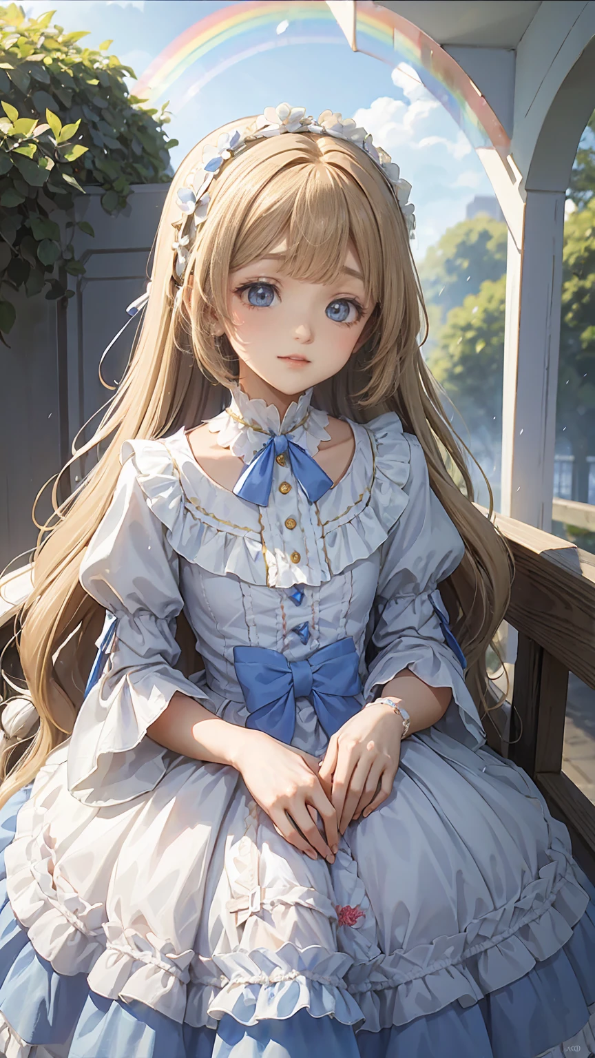 Best Quality,masterpiece,Watercolor style,girl,blonde,blue eyes,White Dress,Red Ribbon Hydrangea,after the rain,rainbow,Looking up at the sky,smile,The light spreads,White Dress,Sailor collar,Long sleeve,Dark blue on the cuff,Line on the cuff,,Shortcuts,