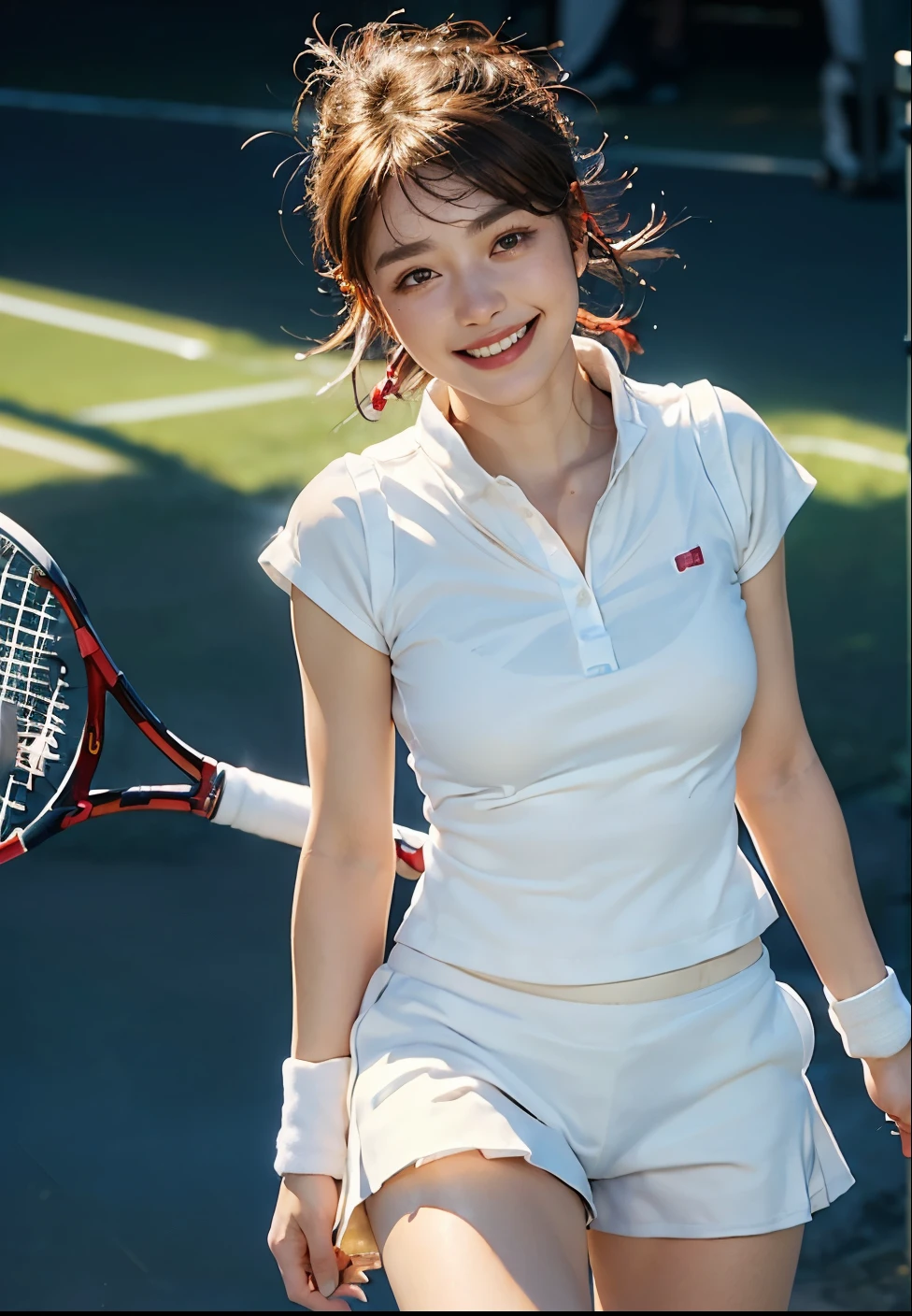 1girl, glowing light eyes, (masterpiece:1.2), top-quality, ultra-detailed, (Extremely delicate and beautiful work), glamour body, One lady, 20year old, (Wear tennis clothes:1.5), (taut), brown shoulder cut hair, (Fair skin:1.2), Bright lighting, silhouette lighting, lovely lips, delicate face, (Photo_Realistic:1.4), (dynamic pose), (Soaked clothes became transparent), A smile full of happiness, seductive smile, Expressions of excitement,