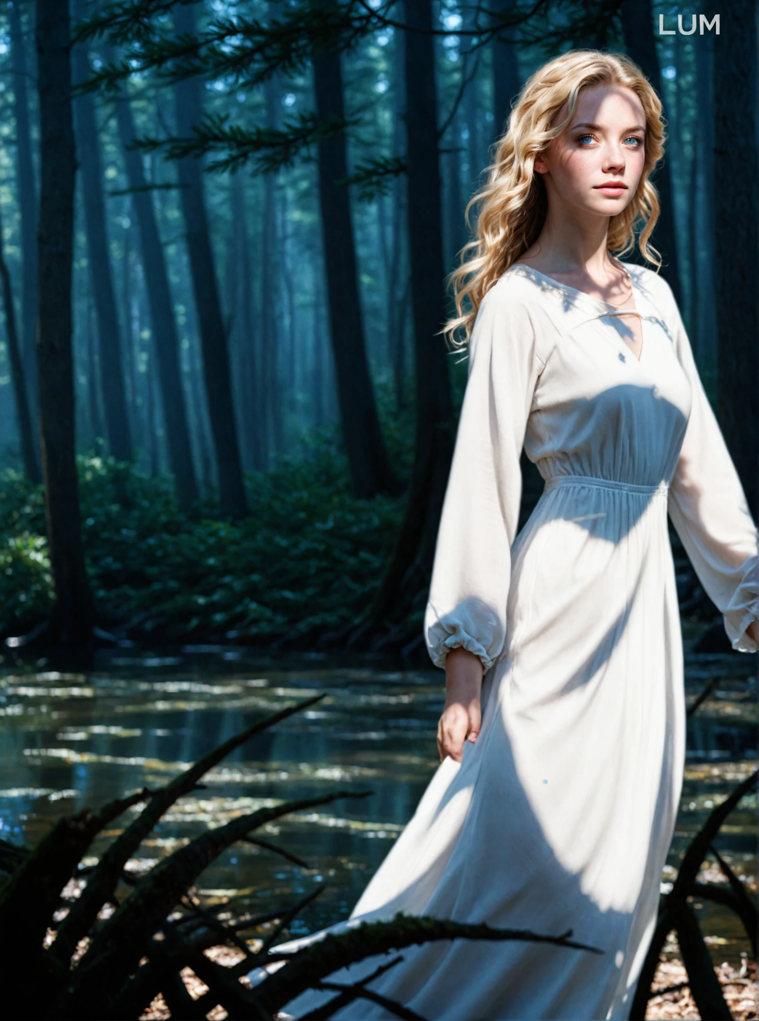 An ultra-realistic, elegant portrait of Lise Olsen, an 18-year-old Norwegian girl, in a serene forest setting. She wears a flowing, intricately detailed dress made of soft, translucent fabric that catches the sunlight filtering through the trees. Her long, wavy blonde hair is adorned with delicate flowers, and her blue eyes exude a gentle, serene expression. The scene is bathed in bright, soft diffused light, with a shallow depth of field that blurs the lush greenery in the background. The photograph is professionally color-graded, with a subtle HDR effect and captured in stunning 8K resolution, making every detail of the dress, hair, and natural surroundings vivid and lifelike