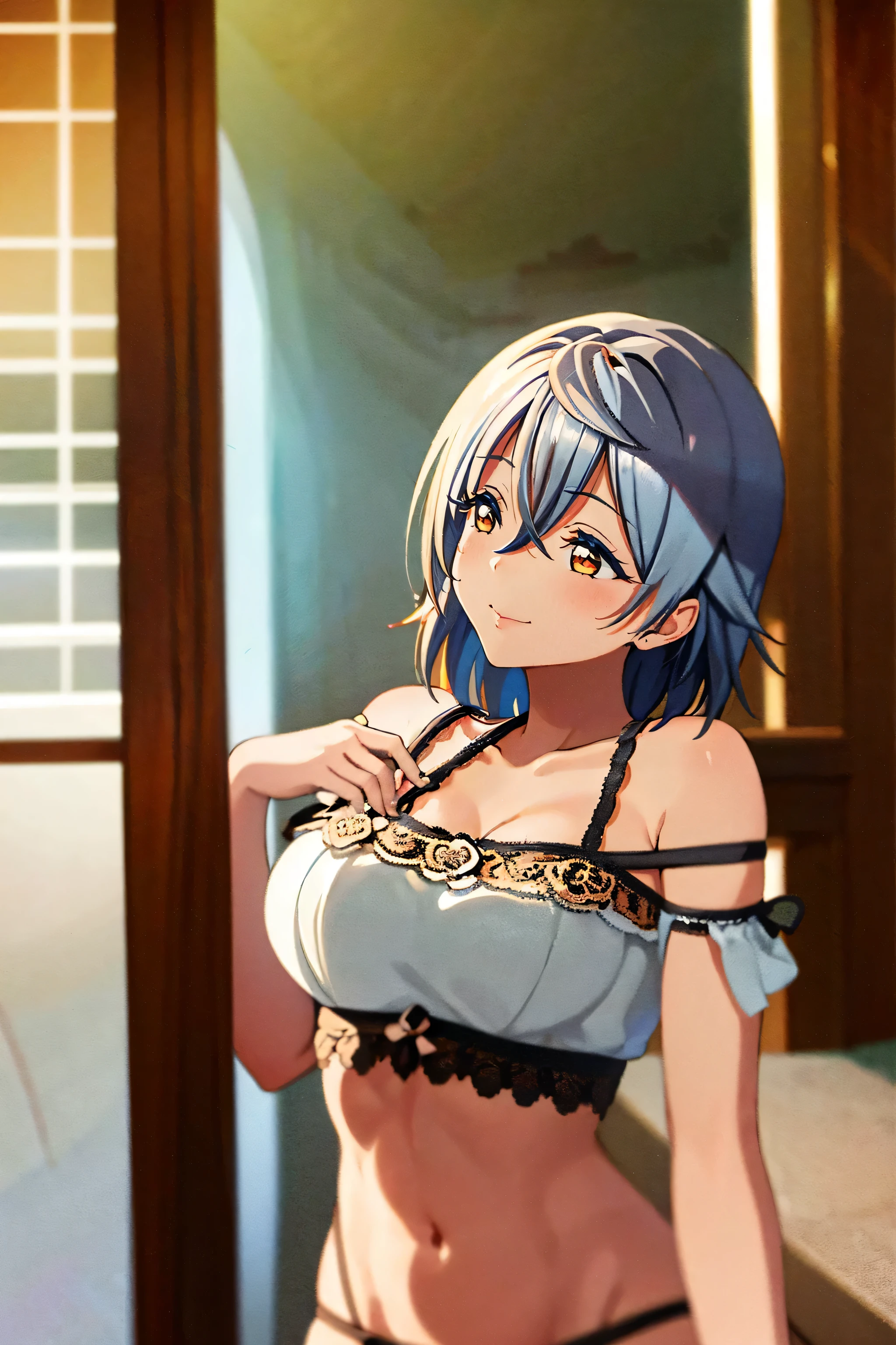 yumi, gray hair, blue eye, short hair, big breast, nipple, naked, nude, navel, breast