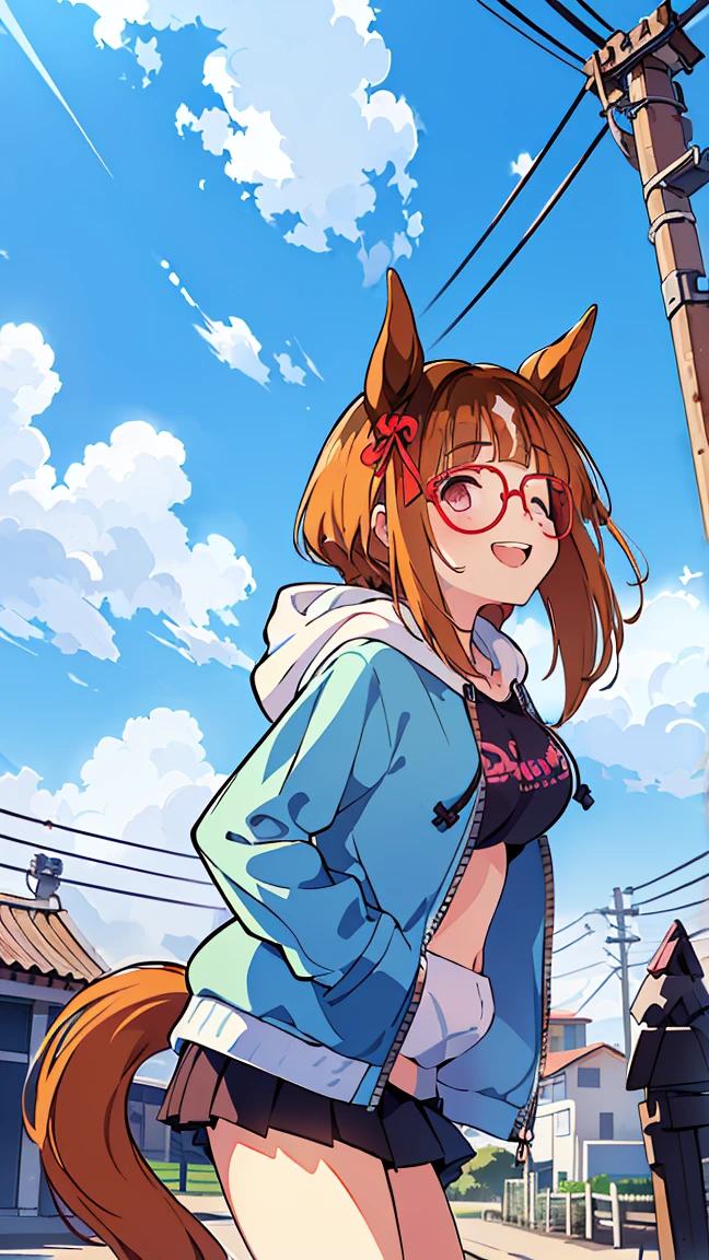 masterpiece, Best Quality, High resolution, Very detailed,(((Transcend))), (((Horse Girl))), (((hoodie))), (((Standing at a distance))), (((Facing forward。))), (((Around town))), (((Against the backdrop of blue sky))), (((Laughing。))), (((electric wire))), (((Electric pole)))