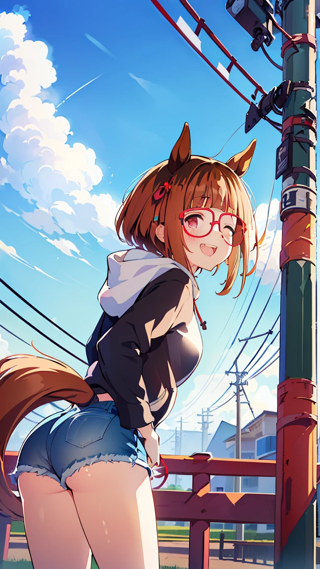 masterpiece, Best Quality, High resolution, Very detailed,(((Transcend))), (((Horse Girl))), (((hoodie))), (((Standing at a distance))), (((Facing forward。))), (((Around town))), (((Against the backdrop of blue sky))), (((Laughing。))), (((electric wire))), (((Electric pole)))