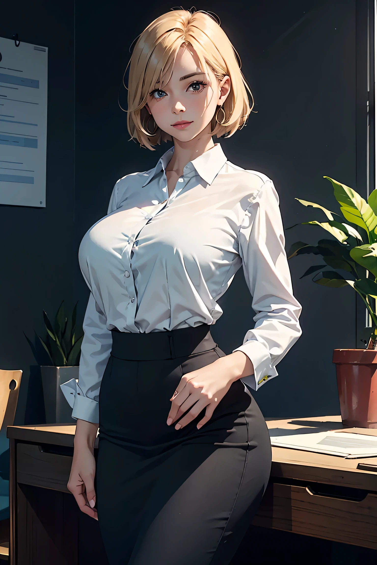 Masterpiece, 1 beautiful girl, detailed eyes, swollen eyes, top quality, super high res, (Reality: 1.4), cinematic lighting, Japanese, Asian beauty, Korean, very beautiful, beautiful skin, slender, body facing forward, (super realistic), (high res), (8K), (very detailed), ( Best Illustration), (beautifully detailed eyes), (super detailed), (wallpaper), detailed face, bright lighting, professional lighting, looking at viewer, facing straight ahead, neat clothes, short hair, yellow hair, pureerosfaceace_v1, 46 point slanted bangs, hotel room with morning sun in the background, window The background is a hotel room with the morning sun shining through the window, a clear ocean outside, and an angle from the waist up, Glasses