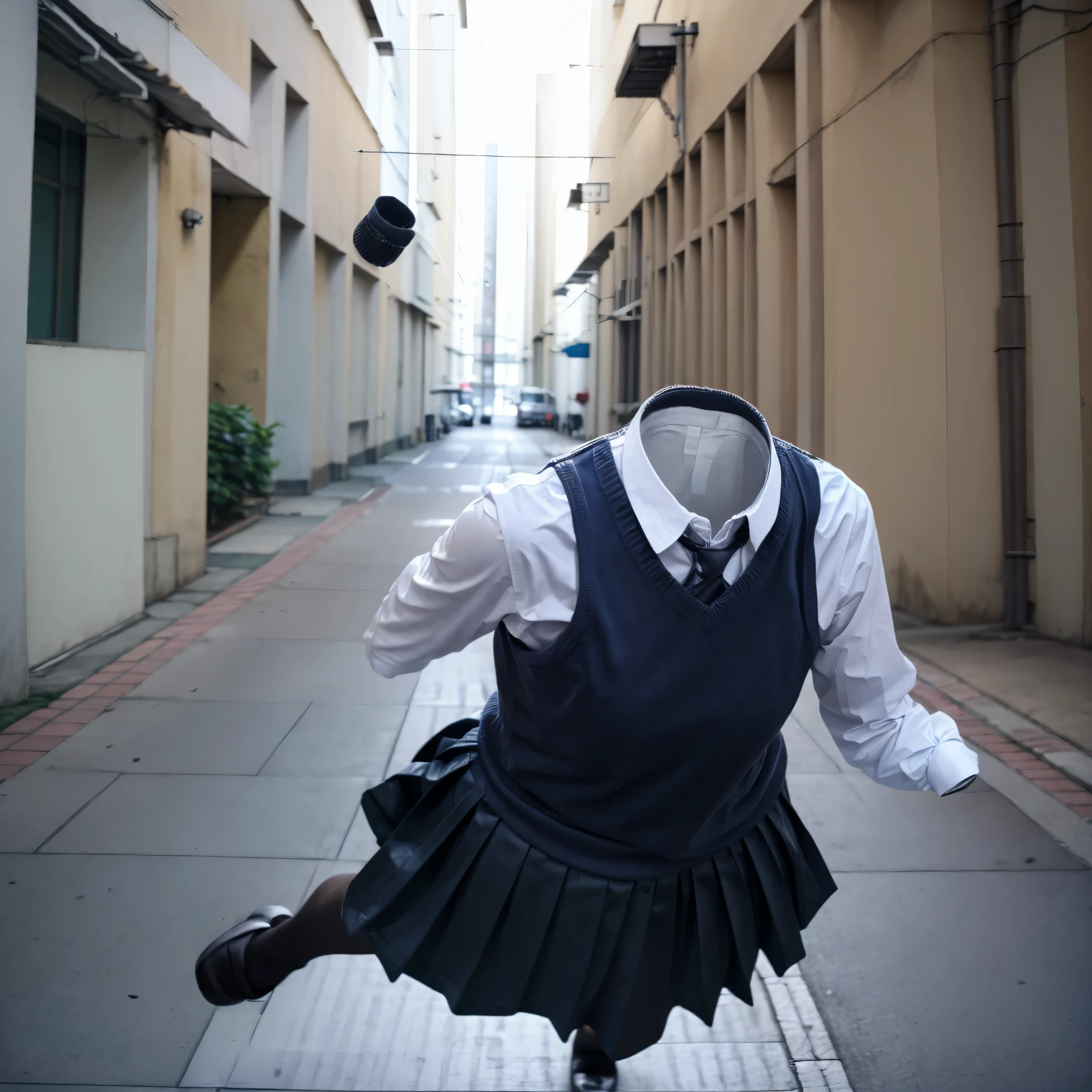 Best-quality, Masterpiece, (invisible, no humans, headless, faceless:1.5), kibito high school uniform, school uniform, school vest layer on school blouse, jumping into the air, black pantyhose