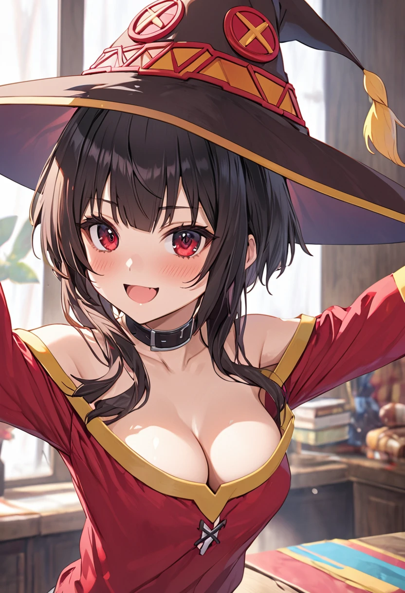 (NSFW:1.2)、(masterpiece、Best Quality、Super detailed、Anime-like、Built-in、Tabletop、Detailed face、cute)、Age 15、、KonoSuba、Megumin、Black short hair、Red eyes、Sexy pose、Cleavage、No bra