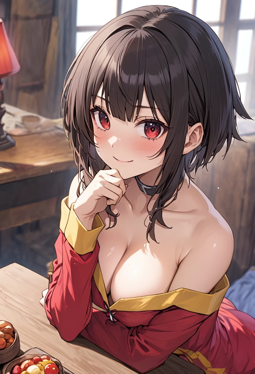 (NSFW:1.2)、(masterpiece、Best Quality、Super detailed、Anime-like、Built-in、Tabletop、Detailed face、cute)、Age 15、、KonoSuba、Megumin、Black short hair、Red eyes、Sexy pose、Cleavage、No bra