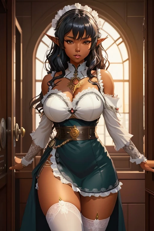 Best quality, solo mature woman, giant breasts, giant ass, very curvy, dark skin, chocolate brown with middle part, pastel dusty rose eyes, full lips, seductive, black flowy dress with long puffy sleeves, elf ears, flower crown, thick thighs, curvy physique