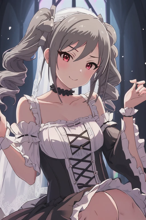 Best Quality, masterpiece, High resolution, Alone, {Kanzaki_early_Idolmaster Cinderella Girls:1.15}, gray_hair, red_eye, length_hair, twintails, drill_hair, twin_drills, smile, ribbon, , hair_ribbon, chest, One girl, black_dress, Choker, clavicle, dress, gothic_, _fashion, Watching_in_Viewers, Frills, Simple_background, upper_body, white_background, bow, length_sleeves, ふくらんinいる_sleeves, black_ribbon,One girl, ((Sheet Music)) ベクトルbackground:0.2], anime, Idol Master, sing,Frillsの多い服，Glossのある服，Clothing lace，Clothing lace，Big Skirt,Lightweight yarn,bouquet,Princess Line ,Wedding veil,Gloss