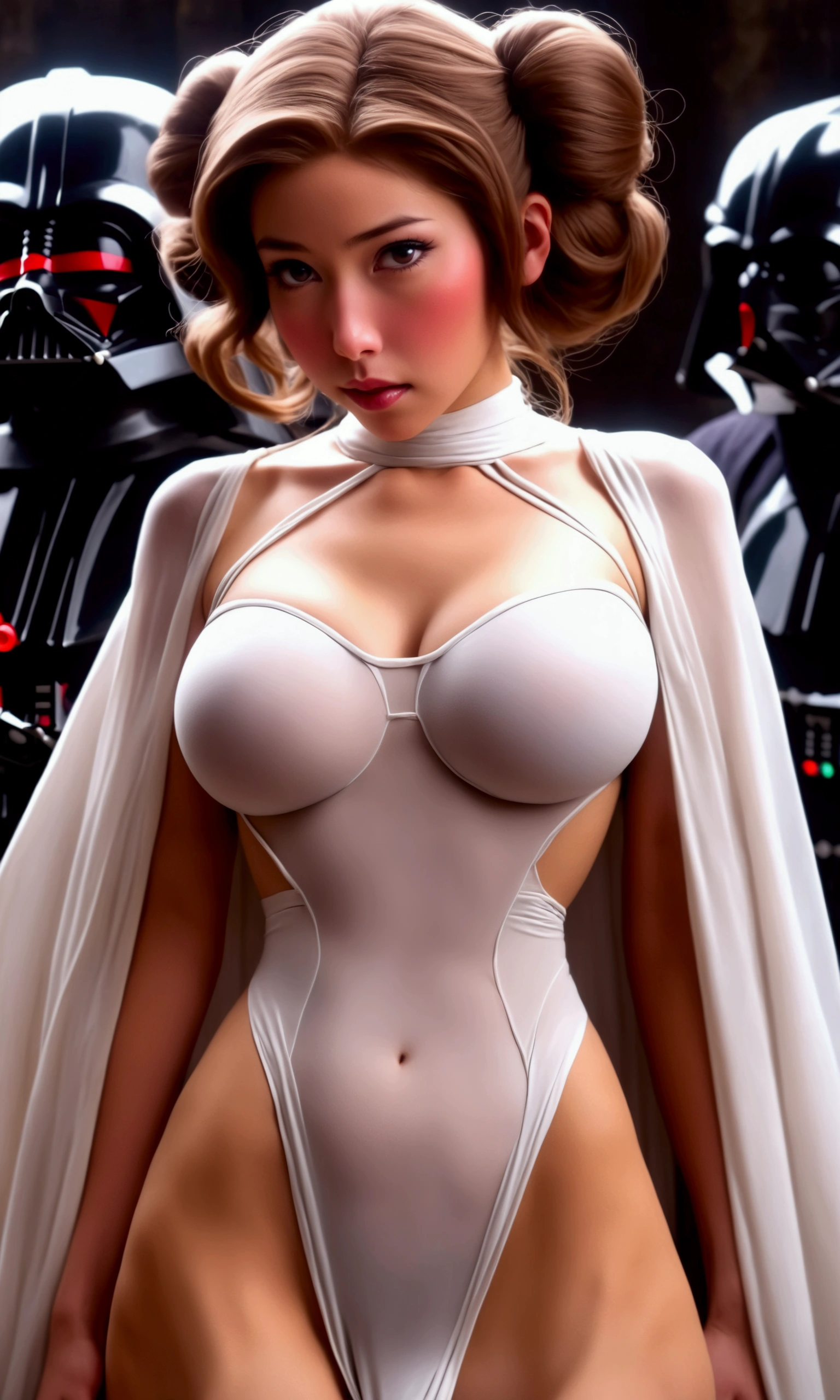 A cute yuna in the role of princess Leia (age 25, (big breasts 1.2), big butt, slim waist, sheer white dress no underwear, unshaved), is a prisoner on the Death Star being forcefully led to a high technology scary torture chancer, dangerous storm troopers restrain her arms and legs, a Very aroused Darth Vader prepares her BDSM torture, damsel rape, damsel peril, BDSM
